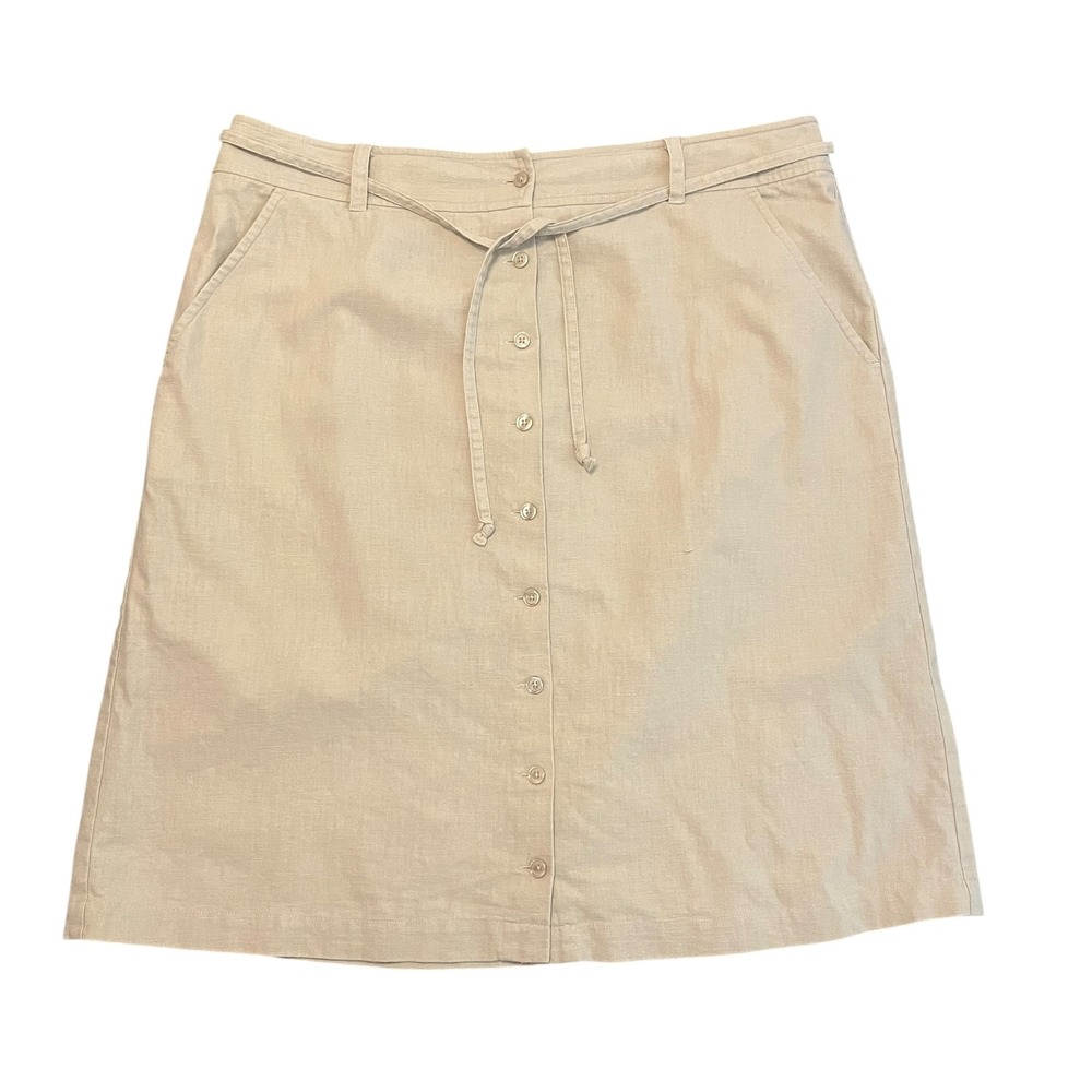 Eddie Bauer Womens Skirt 14 Linen Blend‎ Safari Button Front Belted Knee Length